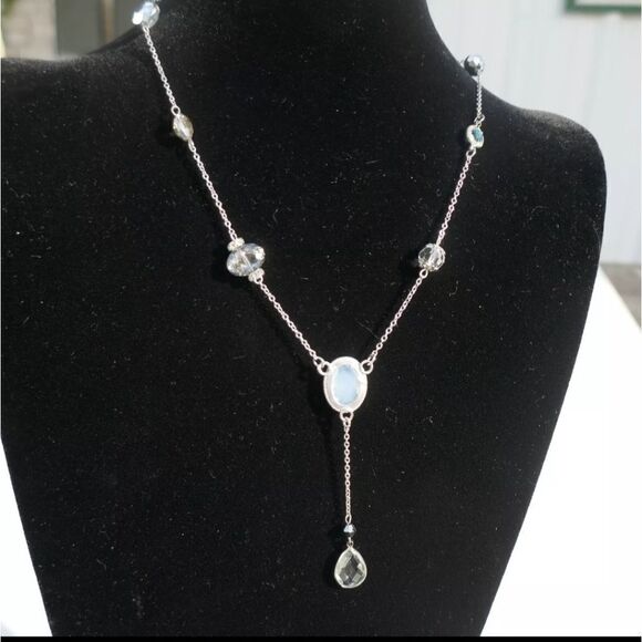 Ali Kahn New York Y-drop Necklace Opaque Clear Crystals Silvertone 18 inch - Picture 5 of 7